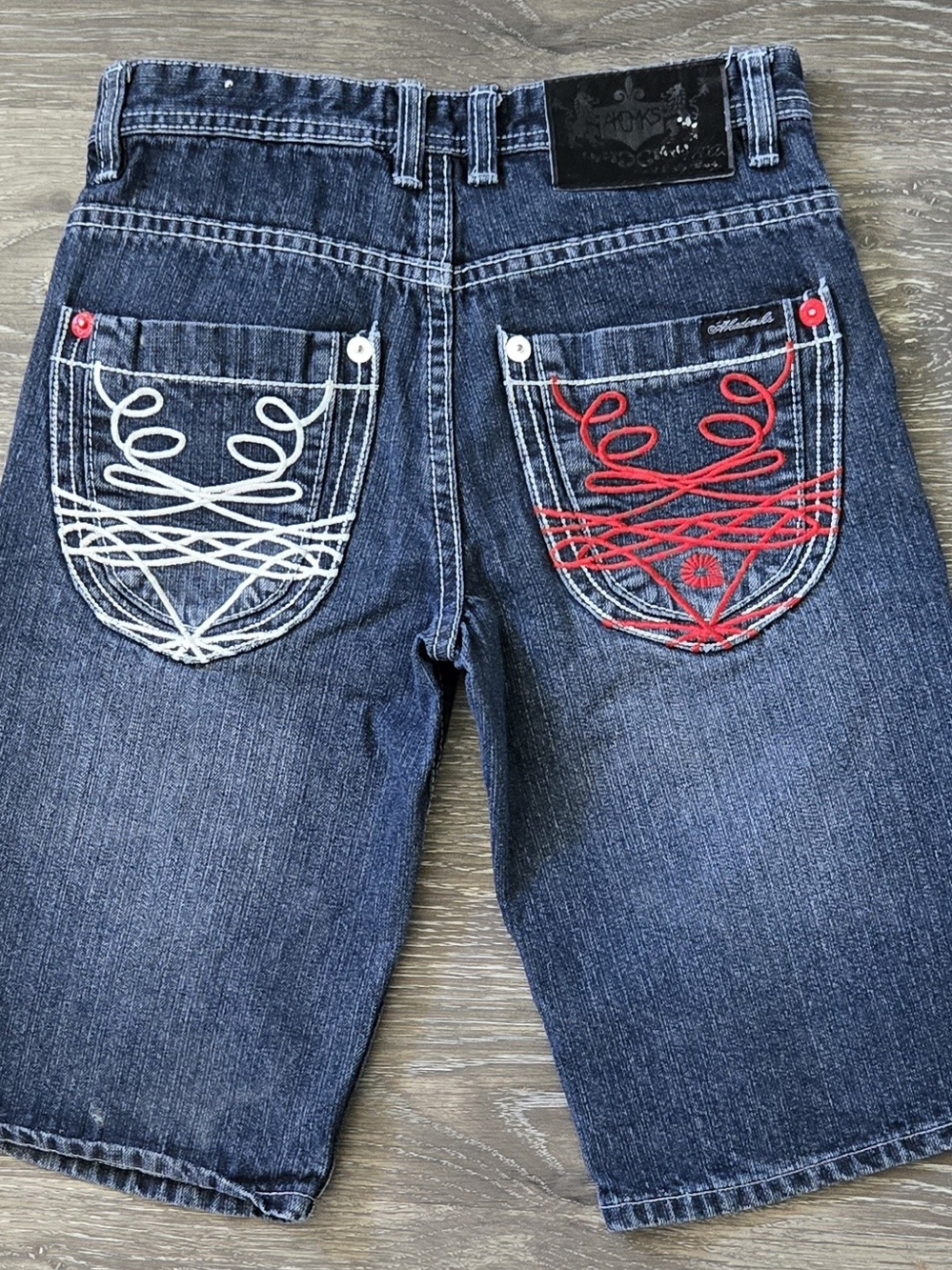 Akademiks Dark Denim Shorts with Red & White Pocket Embroidery
